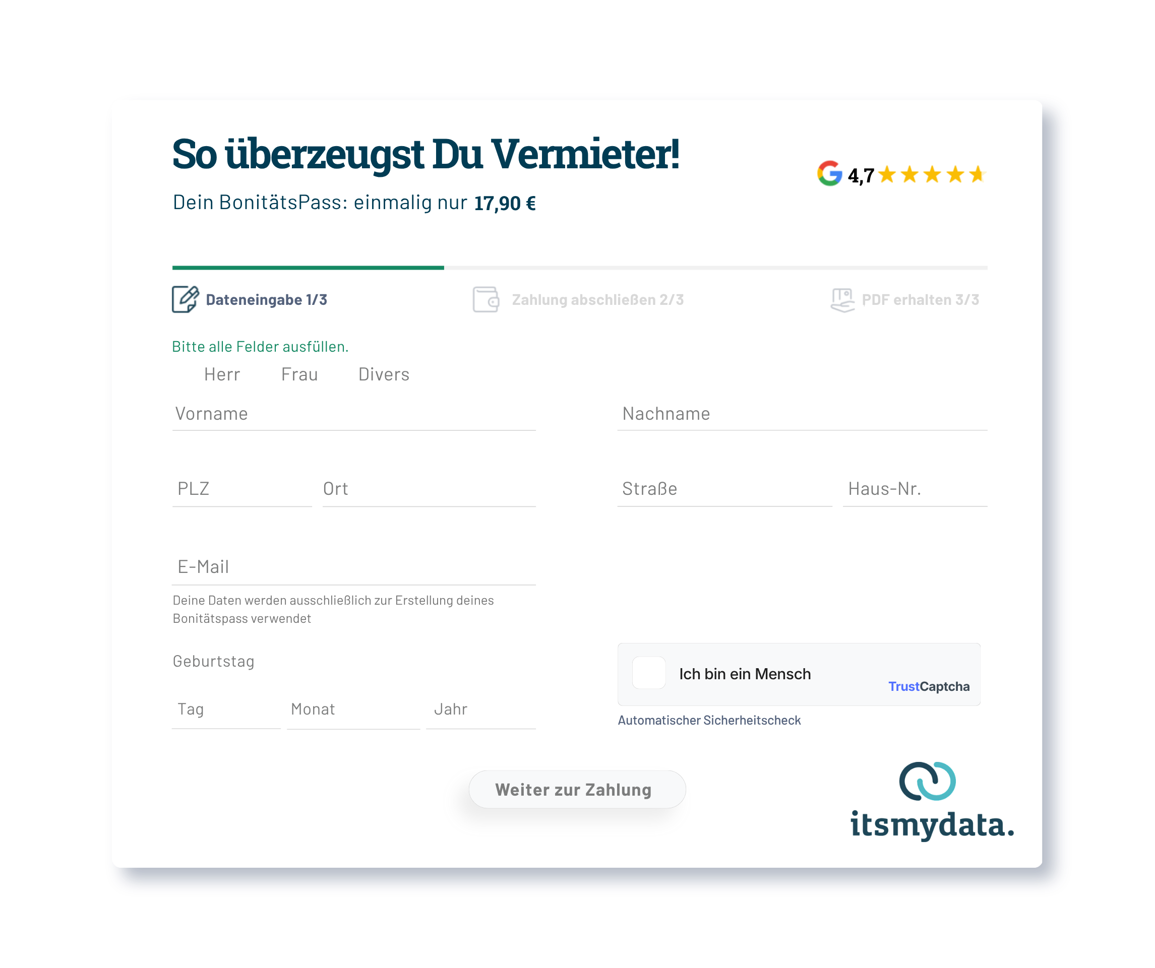 Itsmydata Anmelde-Formular